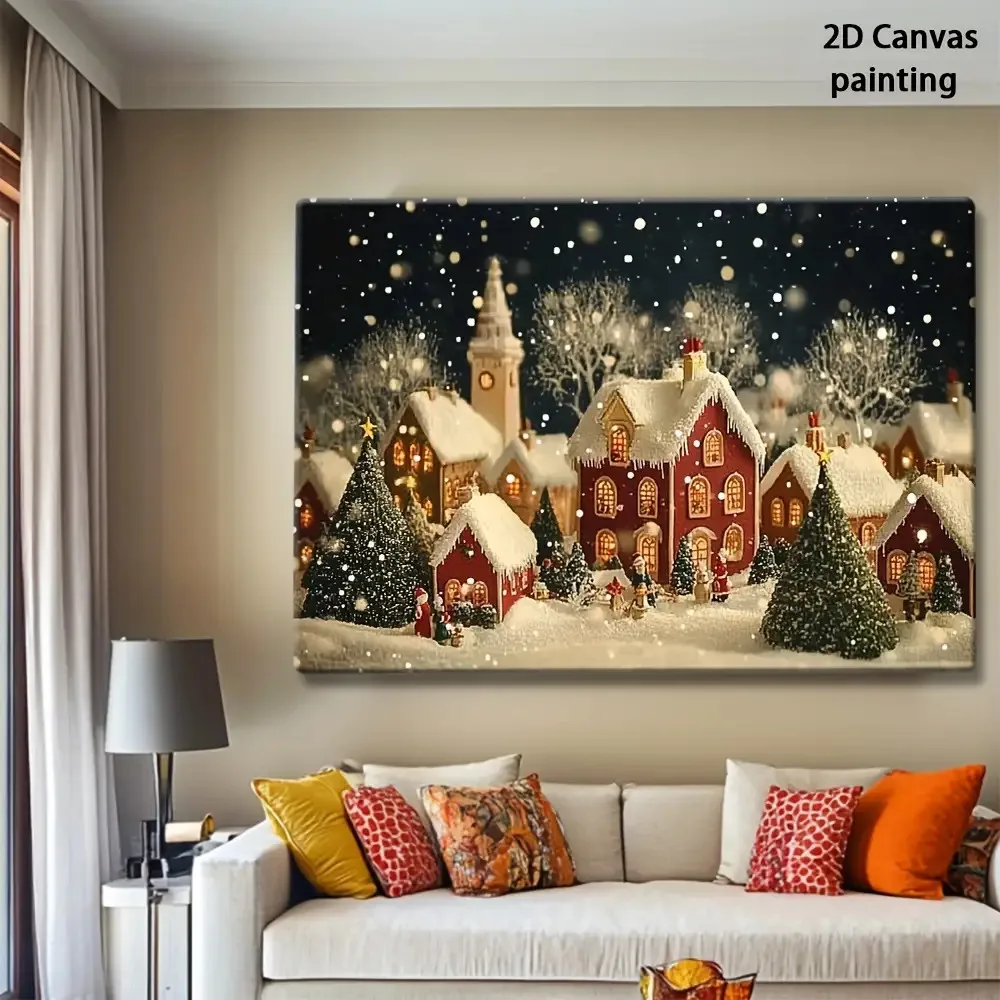 1pc 2D retro Christmas Eve and the small town canvas painting wrapped frame art, wall art print poster ready to hang decoration,