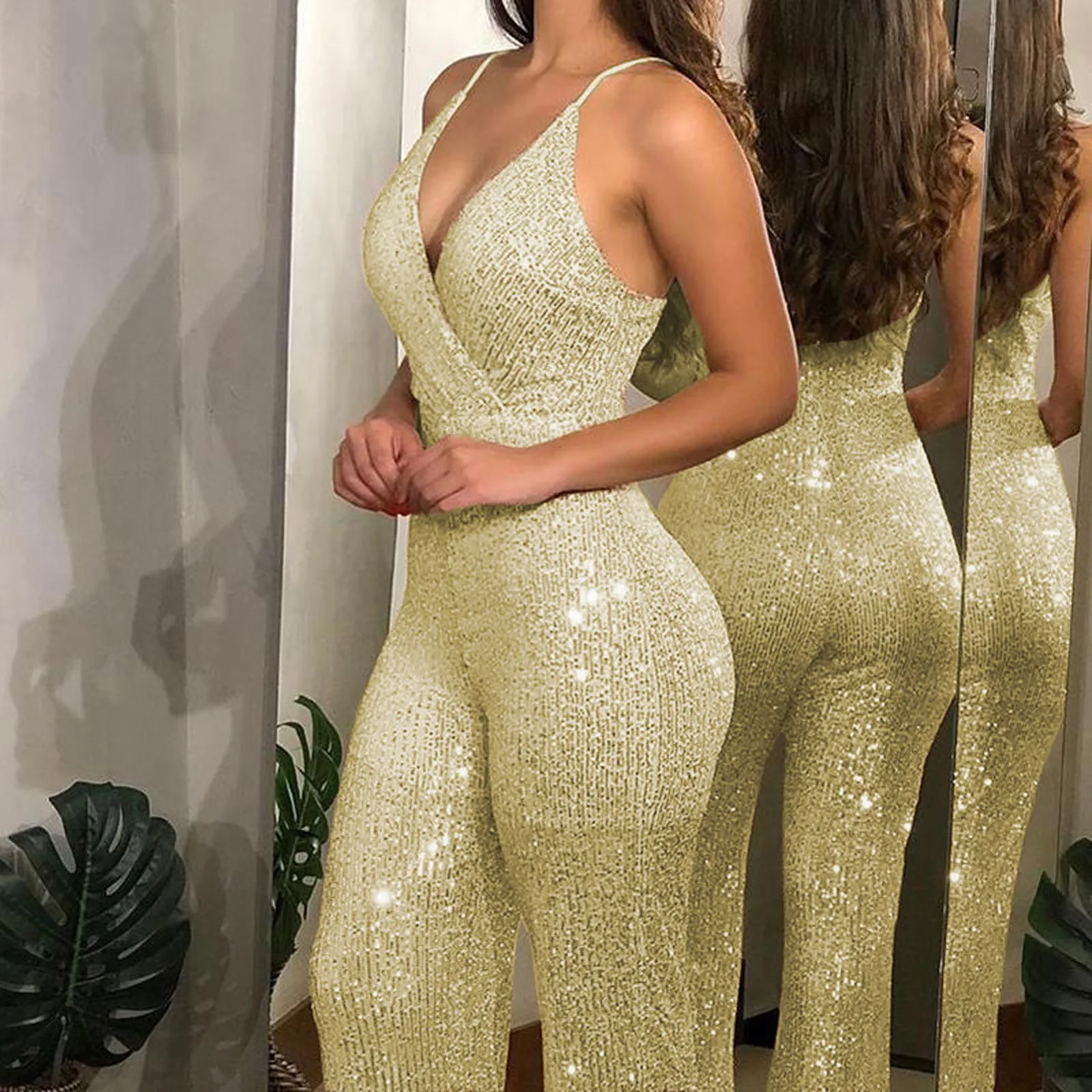 Damskie eleganckie pozłacane cekinowe kombinezony typu Bodycon Romper z dekoltem w szpic kombinezony na ramiączkach w stylu Casual Plus rozmiar strój klubowy na wakacje