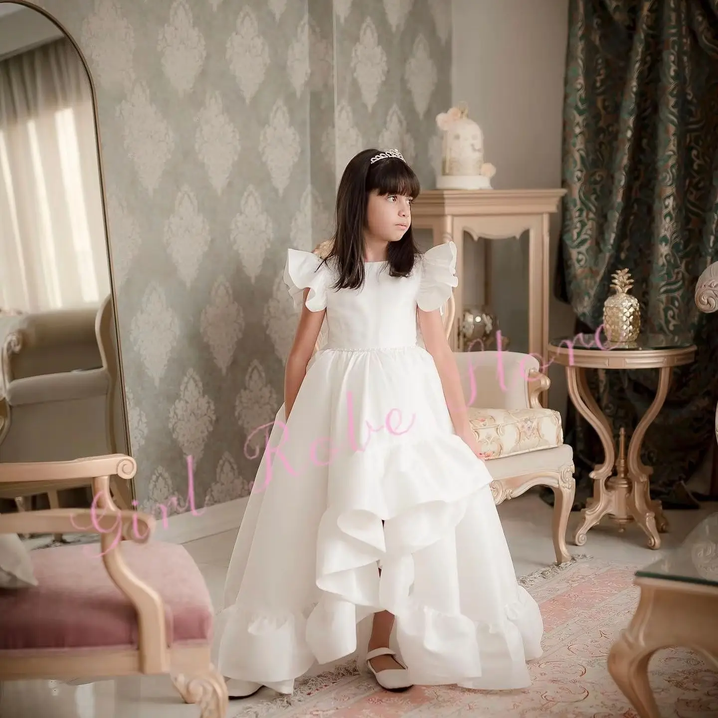 Elegant White Satin Flower Girl Dress For Wedding Ruffles Beading Puffy Princess Communion Formal Occasion Ball Gown Customized