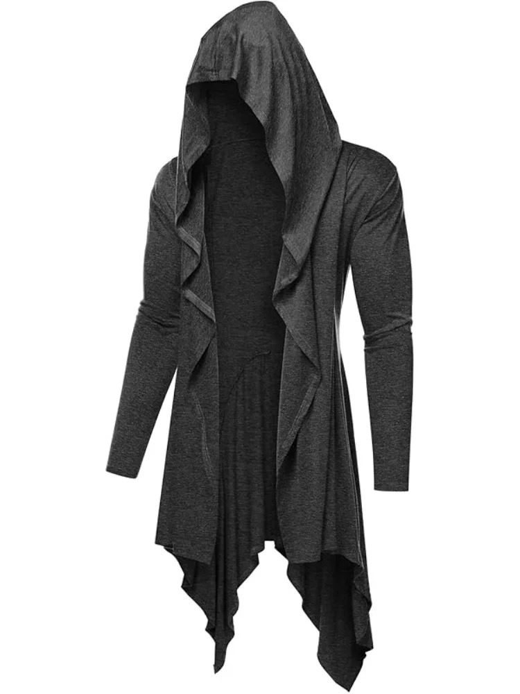 Long Hooded Gothic Cardigan, Jedi Knight Ruffle Shawl Collar Open Front Lightweight Drape Steampunk Cape Overcoat with Pockets