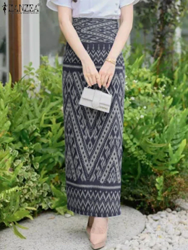 ZANZEA 빈티지 에스닉 이캇 프린트 롱 스커트 여성용 보헤미안 스타일 우아한 하이 웨이스트 백 지퍼 맥시 스커트 3가지 색상 S-XXXL