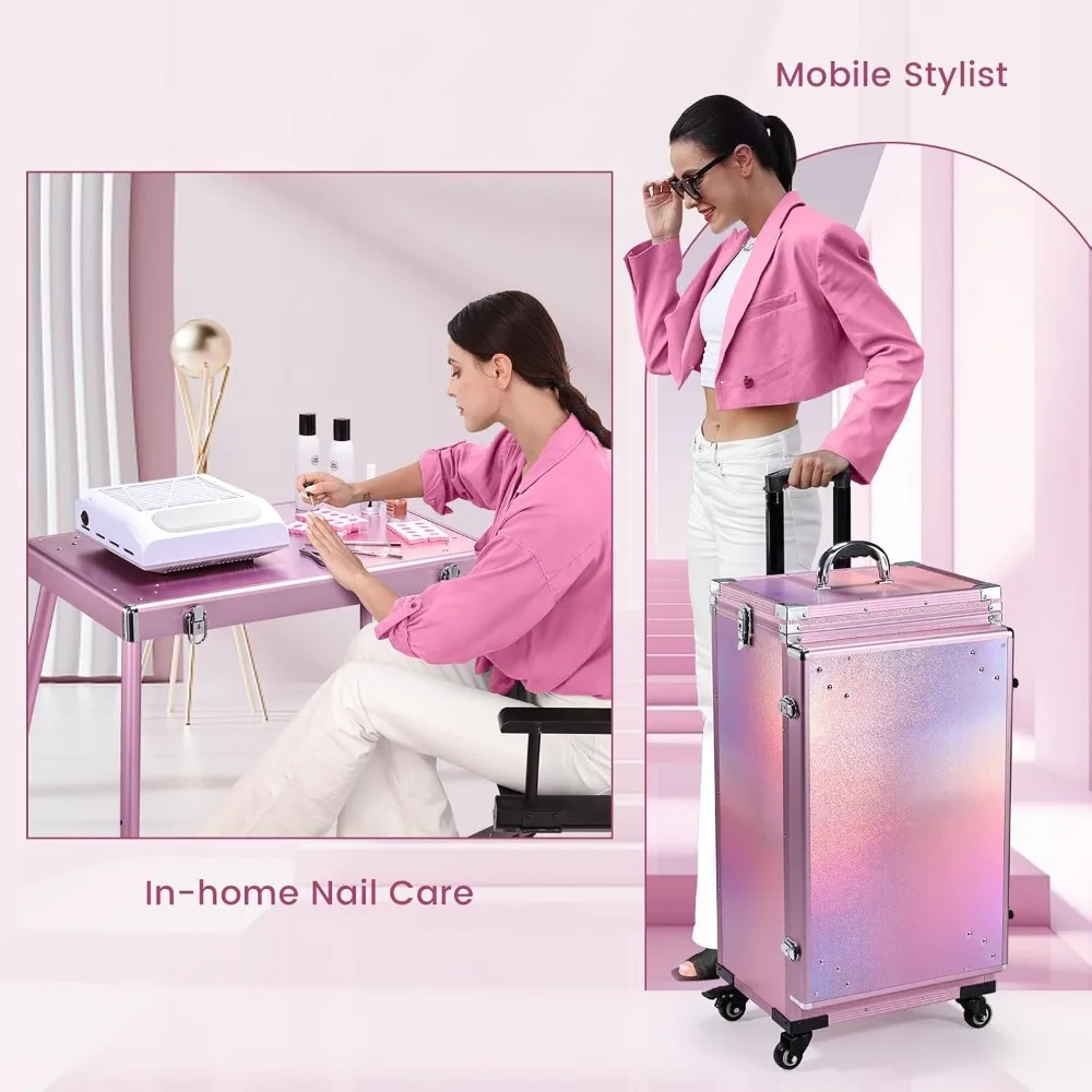 Rolling nail table with 5 drawers and foldable nail table wheel with brush bag makeup box, workstation mobile makeup artist cart