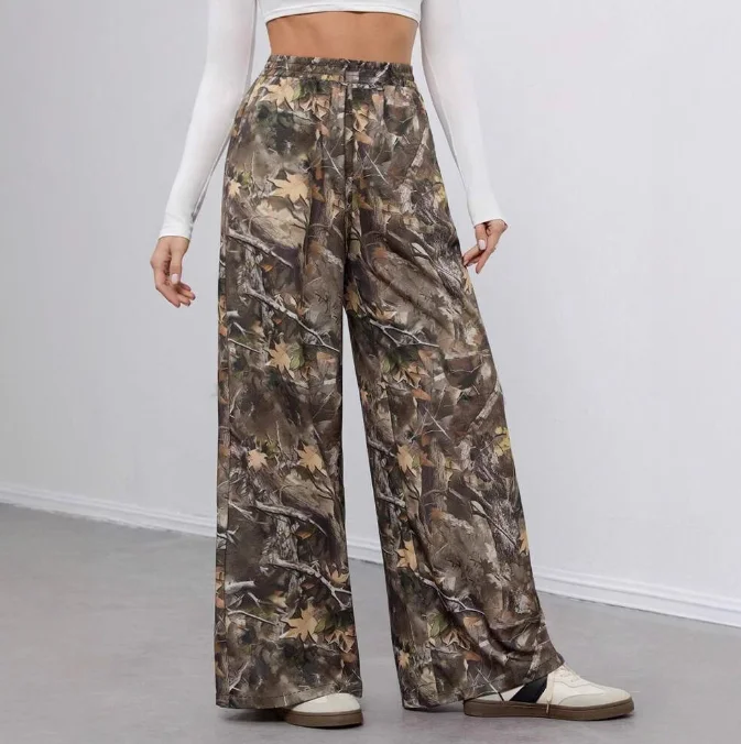 Spodnie damskie Wiosna Lato Roślina Drukowane Luźne Szerokie Nogawki Spodnie Casualowe Moda Uliczna Styl Proste Dojazdy Retro Spodnie