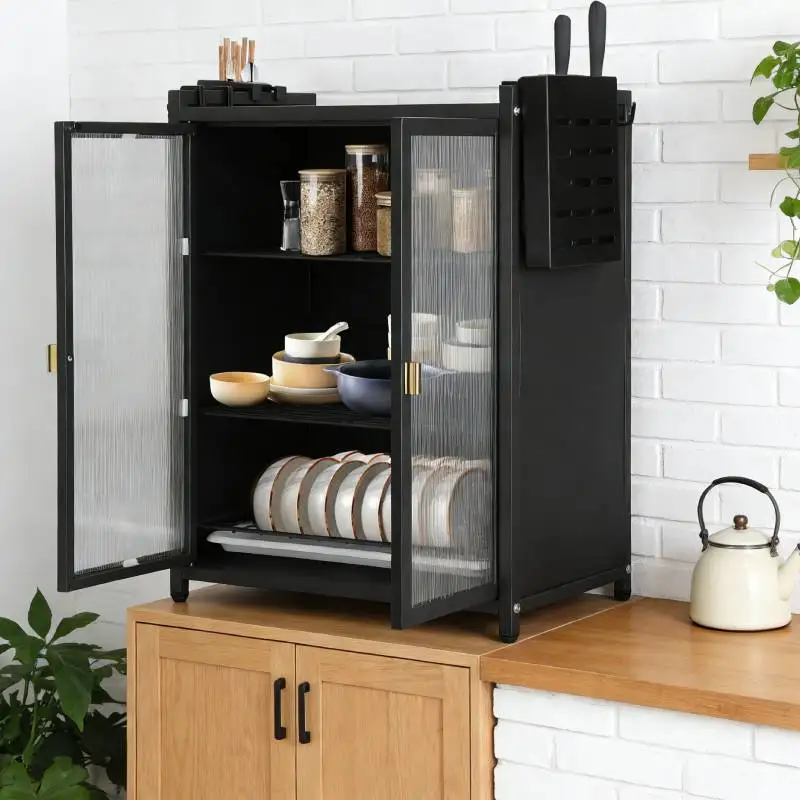 

3-Tier Kitchen Countertop Cabinet Dustproof Home Dish Storage Cabinet Dual Door Black Cupboard Organizer with Chopstick Baskets