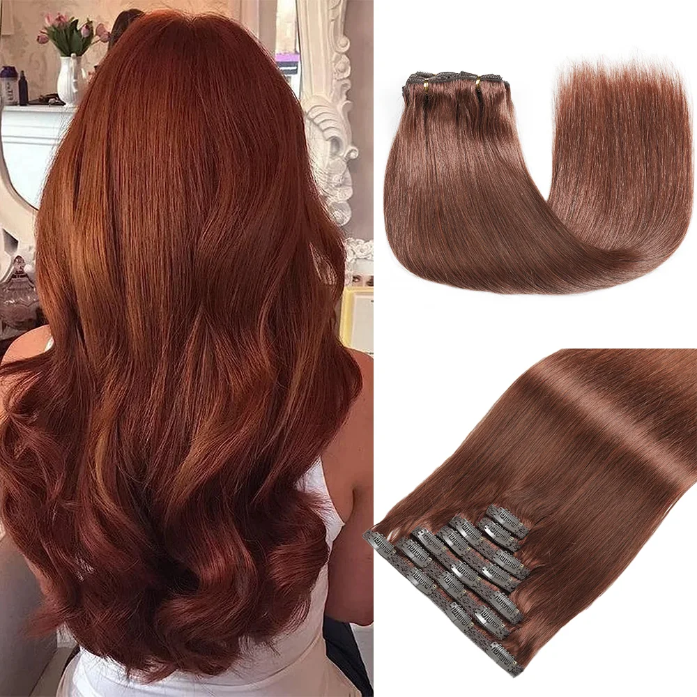 

ShowCoco Clip In Hair Extensions 7pcs/set Reddish Brow Remy Hair Thick End Add Volume Silky Straight FullHead Natural Human Hair