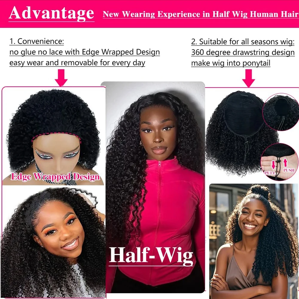 غلويليس 3 في 1 موجة المياه مجعد نصف الباروكات شعر الإنسان لا الغراء ارتداء للذهاب البورمية نصف شعر مستعار مع حزام Invisi الرباط سلس