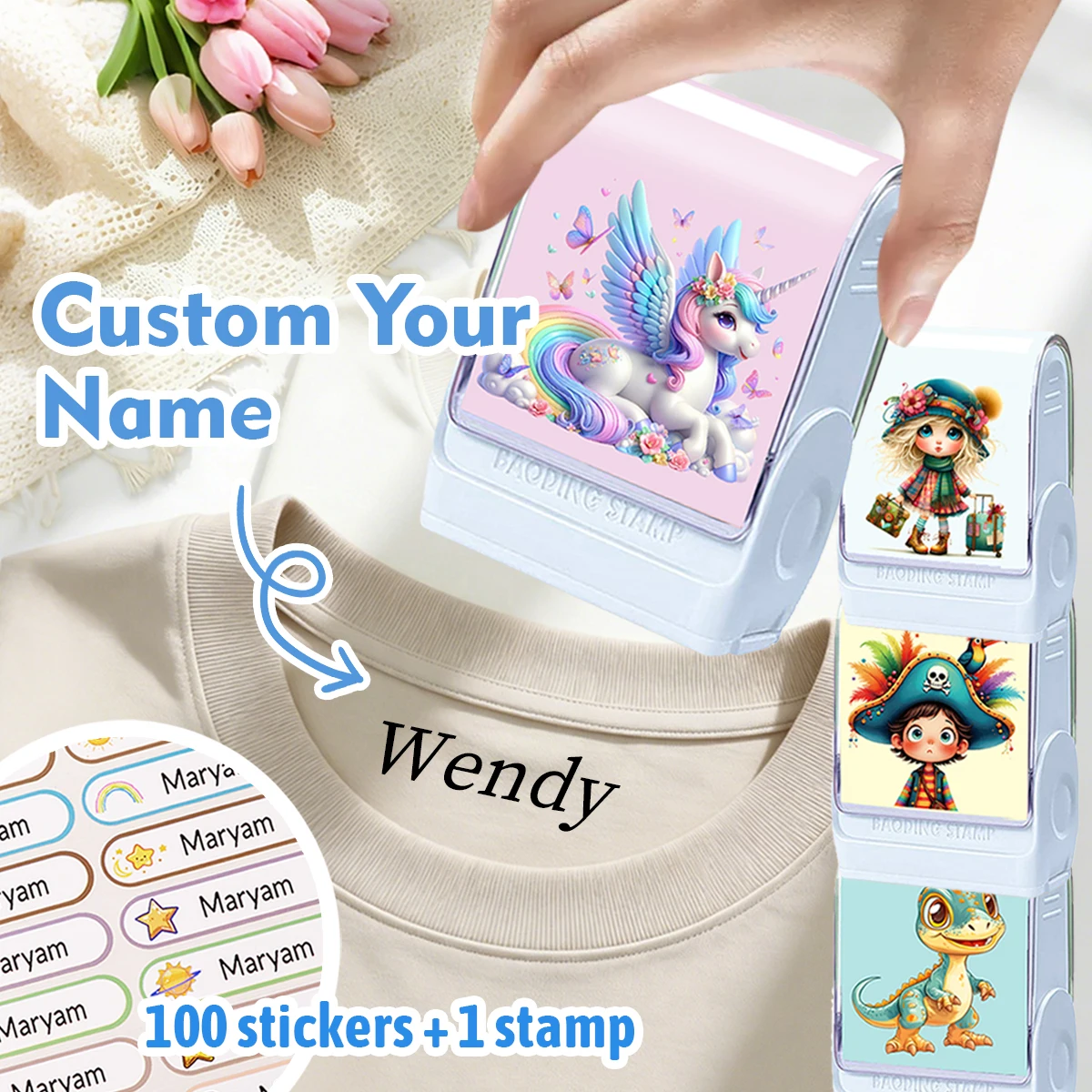 Personalisierter Namensstempel + 100 Namensaufkleber - Individueller Unterschriftenstempel für Kinder, personalisierte Namensstempel mit Cartoon-Muster