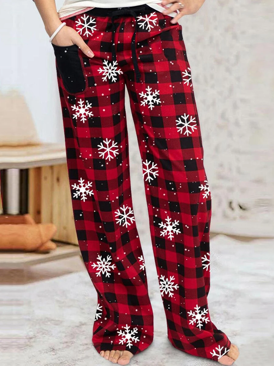 Women s Christmas Pajama Pants Plaid Snowflake Print Drawstring Lounge Pants Sleep Pj Bottoms with Pockets Sleepwear