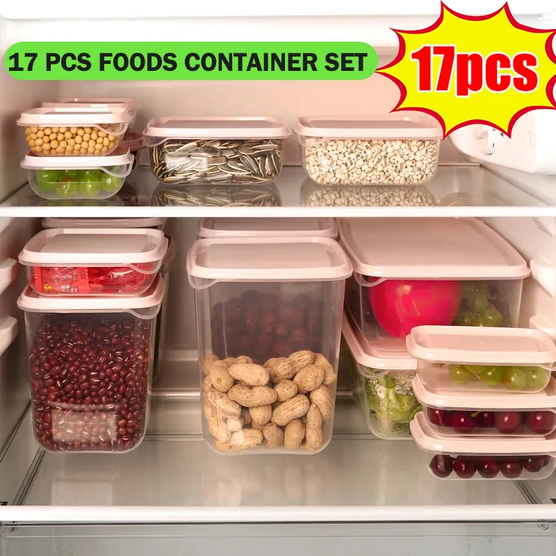 17 Pcs/set Transparent Kitchen Storage Container Box Food Container Refrigerator Organizer Snacks Nuts Fruits Storage Box Jars