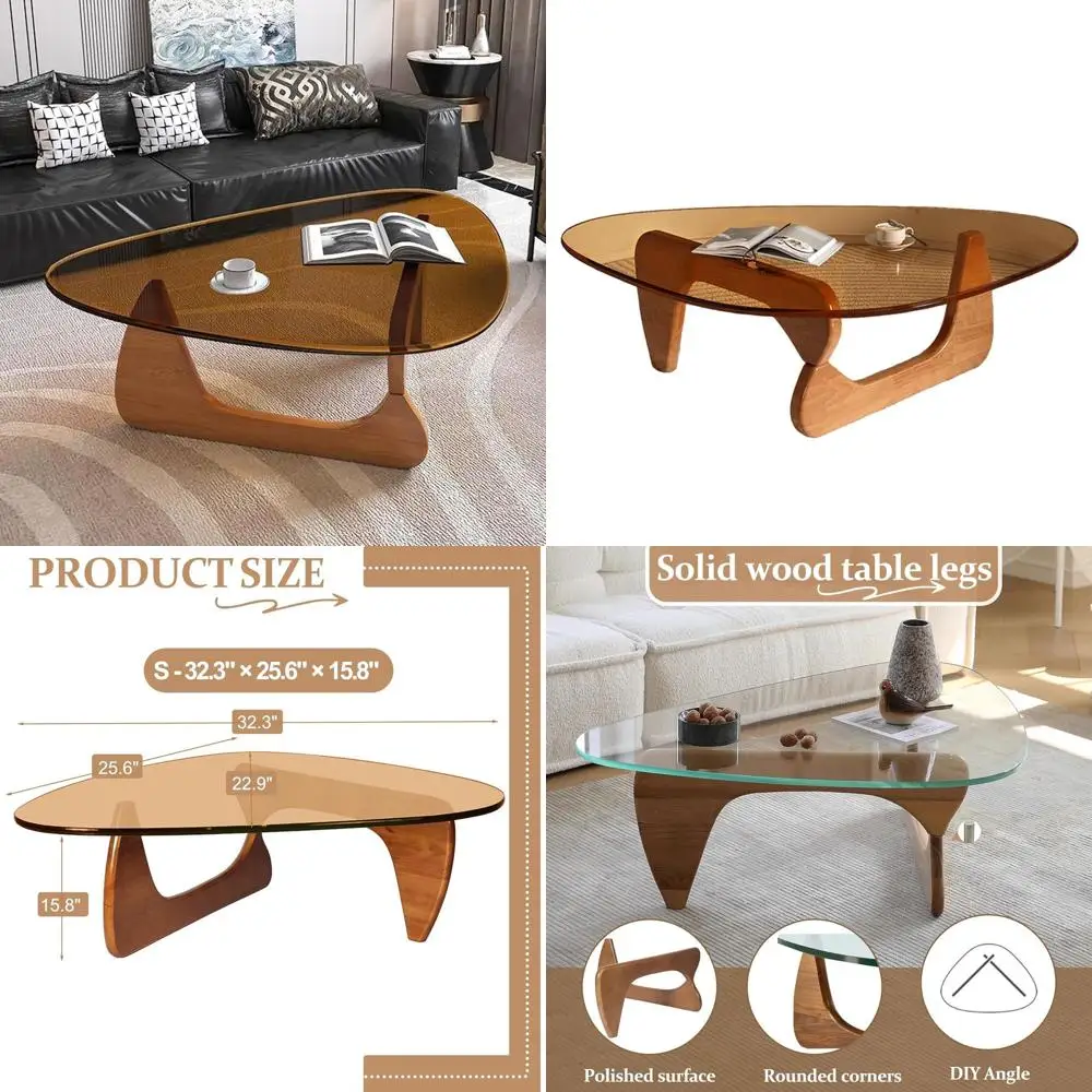 

Modern Glass Top Oval Coffee Table, Mid-Century Living Room Furniture, Walnut Brown, 31.5
