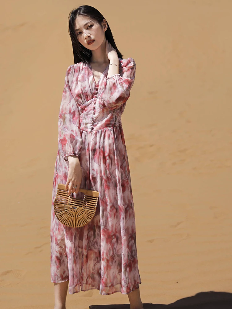 GypsyLady Floral Printed Elegant Chic Dress Chiffon Autumn Spring V-neck Pink Women Casual Holiday Ruffles Ladies Dresses New