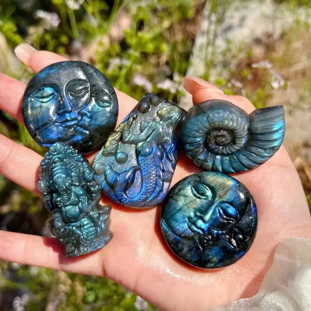 

Natural Labradorite Carving Moon Face/Ganesha/Mermaid Ammonite Blue Flash Crystal Figurine Healing Stone Reiki Home Decoration