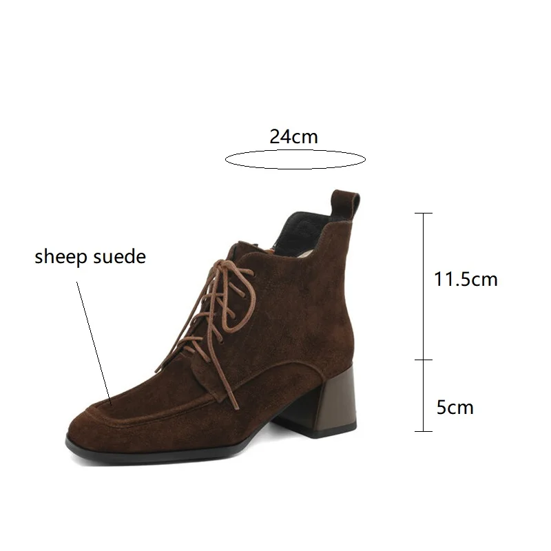 New Autumn Winter Sheep Suede Women Shoes Square Toe Retro Lace Up Short Boots for Women Chunky Heel High Heel Women Boots