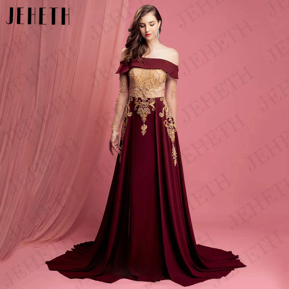 JEHETH Arabic kaftan Long Sleeves Evening Dress Women Off Shouder فستان سهرة Appliques A Line Satin Prom Occasion Gowns Formal