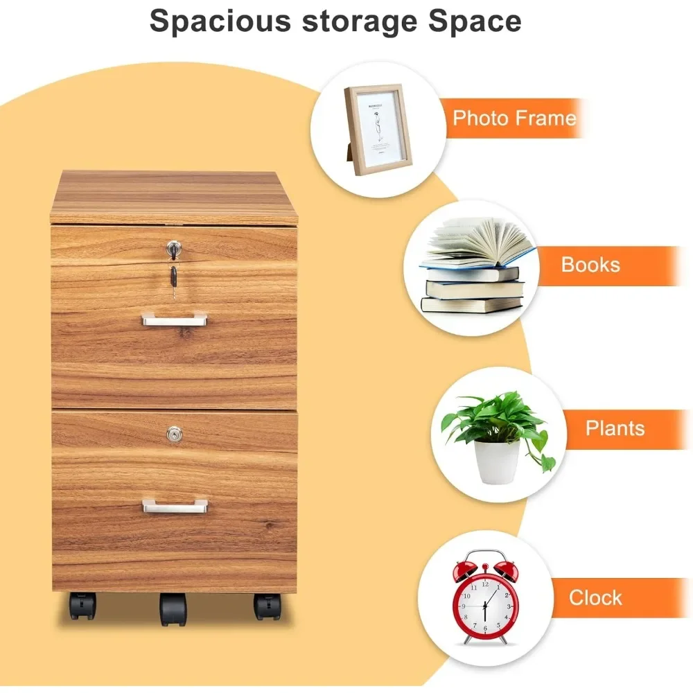 2 Drawer File Cabinet with Lock, Wood Grain Walnut File Cabinet for Letter Size File Folders with Tabs