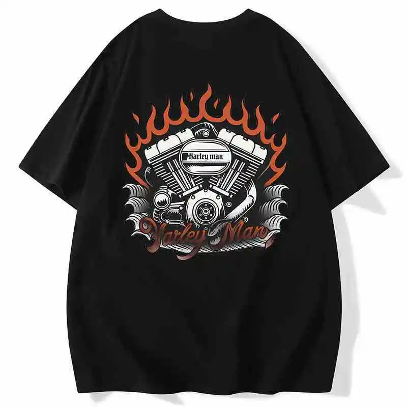 

Harley Locomotive Engine Ghost Fire Print Street Retro Trendy Brand Short-sleeved T-shirt Tough Guy Team Harajuku Men's Clothing