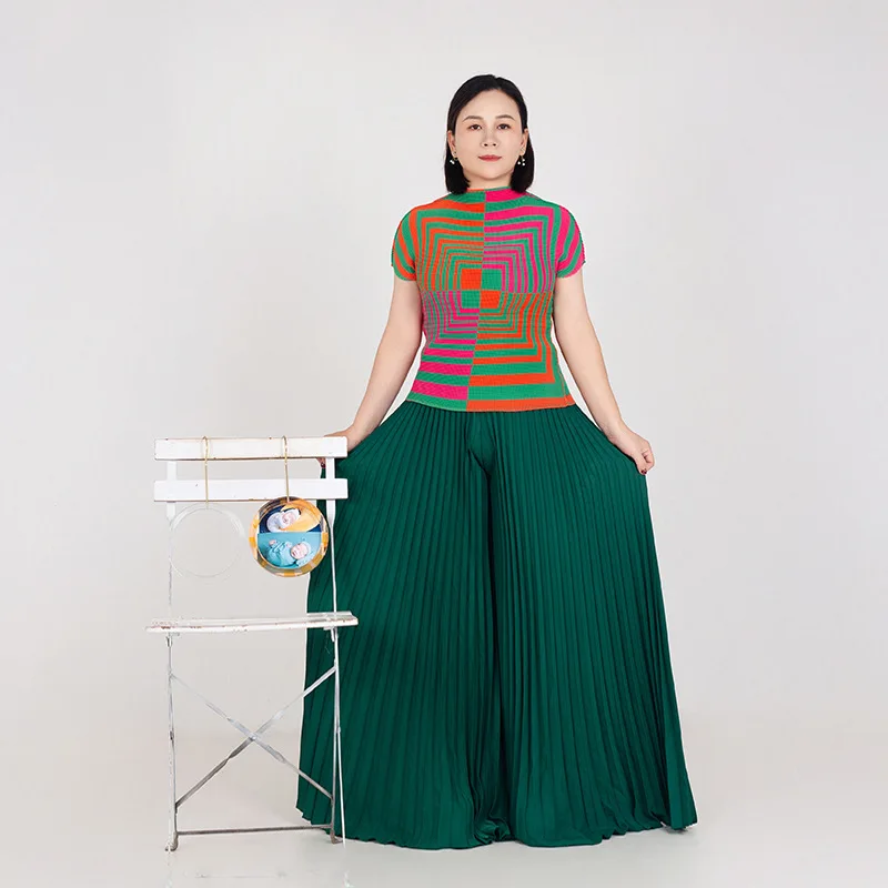 New printed corn pleated short sleeved fashionable plus size women's pants set