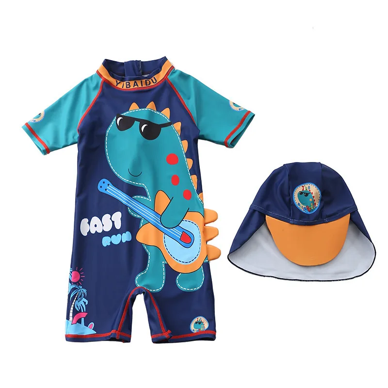 Toddler Baby Boys One Piece Swimsuits Short Sleeve Swimsuit Cute Cartoon Dinosaur Swimwear with Sun Hat UPF 50+ Sun Protection