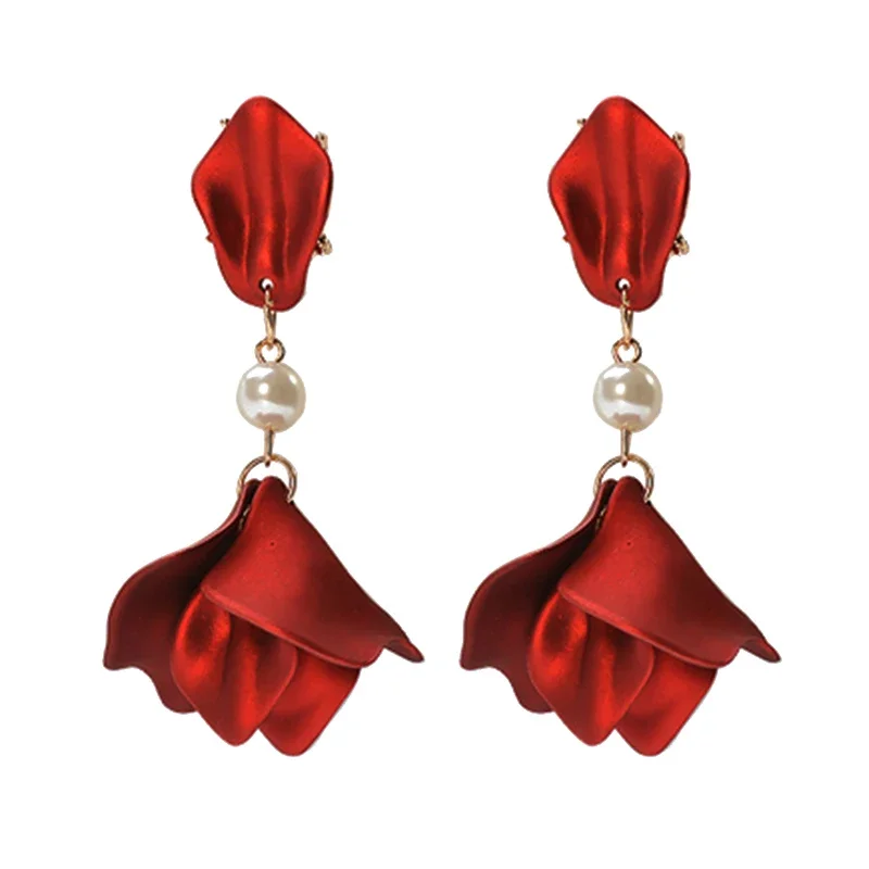 

Spring Summer Red Earrings Gifts Vintage Wine Red Rose Flower Earrings Elegant Petal Tassel Long Drop Earrings Women Jewelry