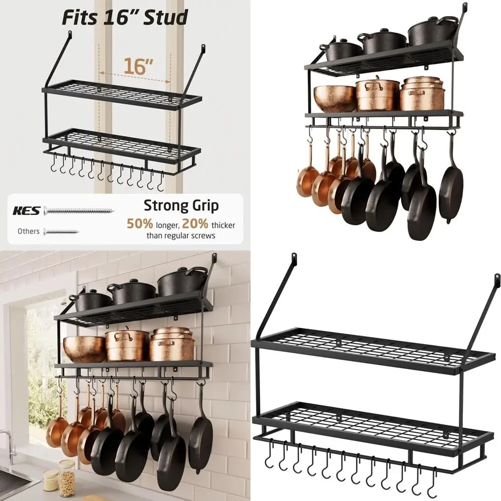 

30-Inch Matte Black Pot Rack - 2-Tier Wall Mounted Kitchen Storage Organizer with 12 Hooks