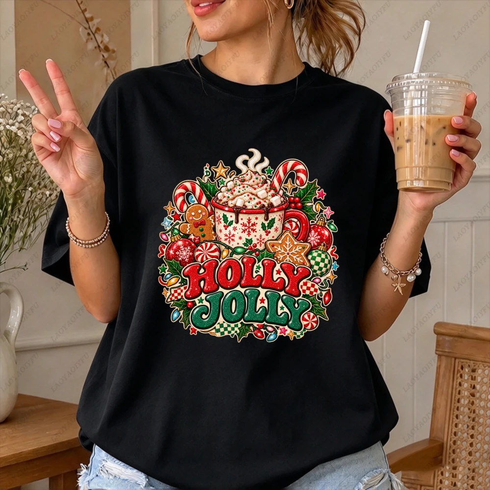 Holly Jolly Christmas Coffee Graphic T Shirt Men Women Matching Couple Print Short Sleeve Cotton Tee Festive Holiday Top Clothes