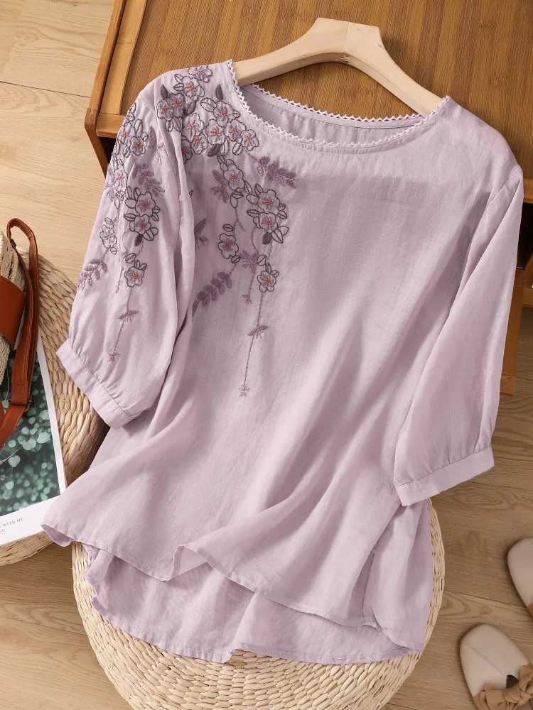 Elegant Embroidered Cotton Linen Short Sleeve T-Shirt Women's Summer Thin Large Size Top Comfortable Breathable Casual Wear
