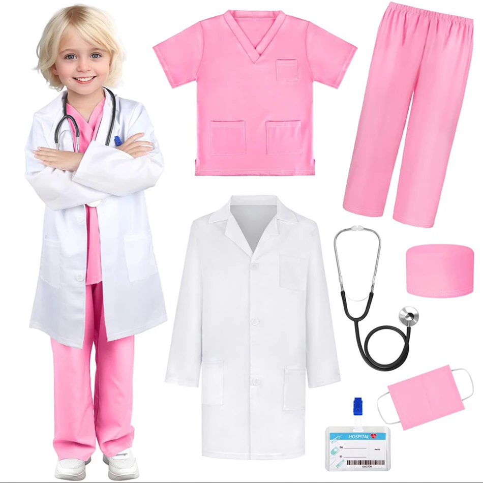 7 Pcs/Pack Kid White Medical Uniform Lab Coat Doctor Nurses Boy Girl Performances and Educational Costume Children Clothing Set