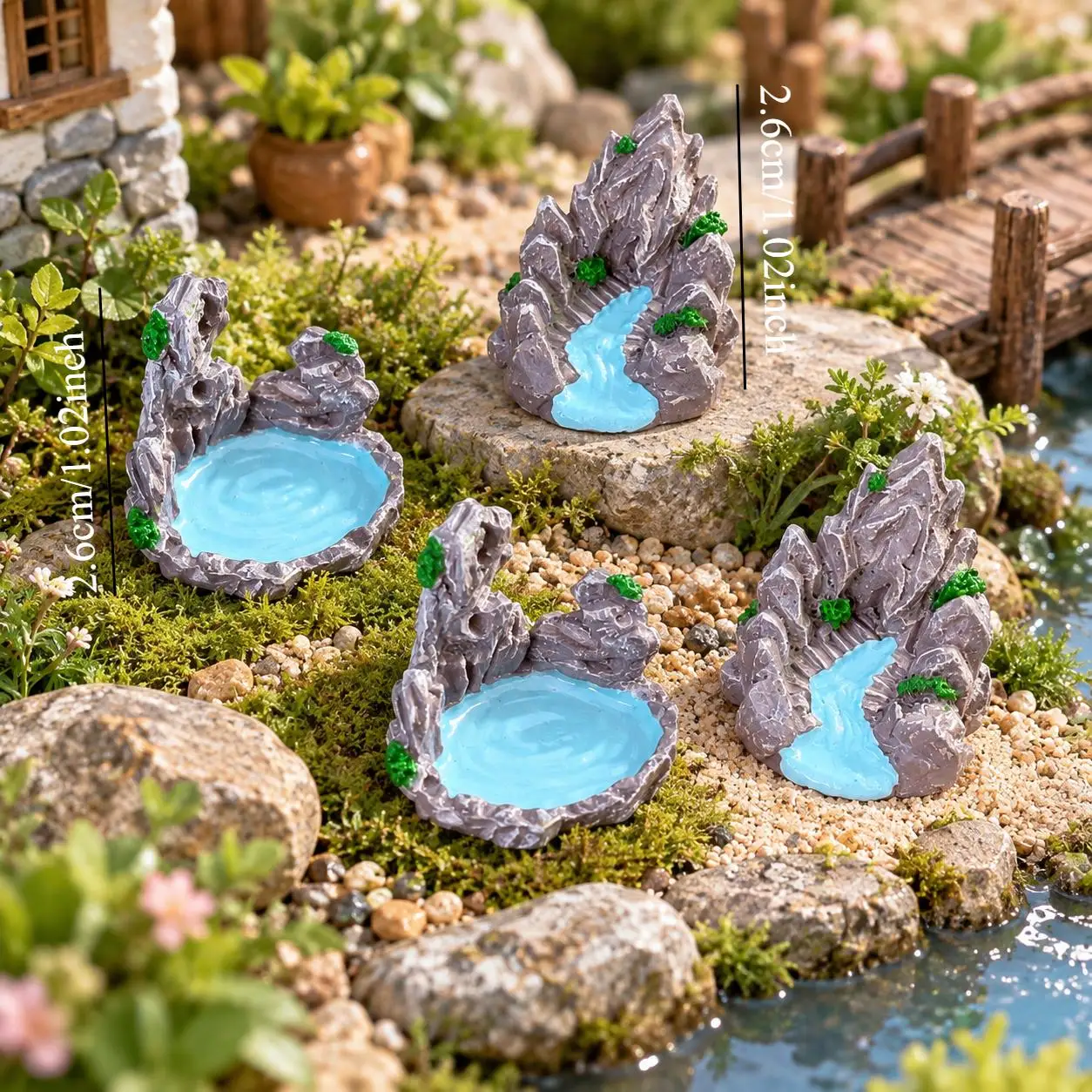 4Pcs Miniature Rock Pond Waterfall Figurine,Resin Model Pool Mountain Landscape Ornament,Micro Terrarium Garden Accessories