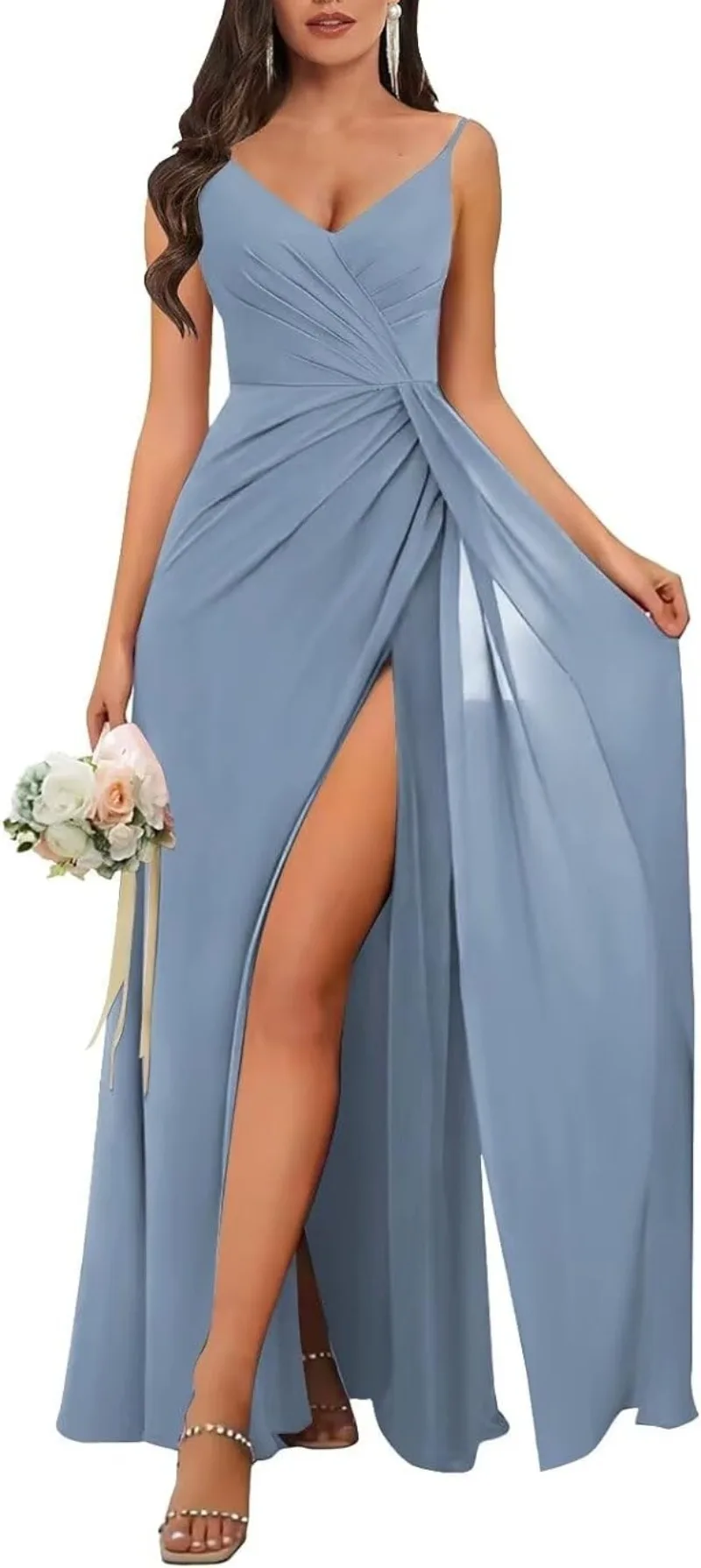 

V Neck Chiffon Bridesmaid Dresses for Women A Line Pleated Ruffle Formal Evening Dress with Slit 2024 Spring Party Gowns