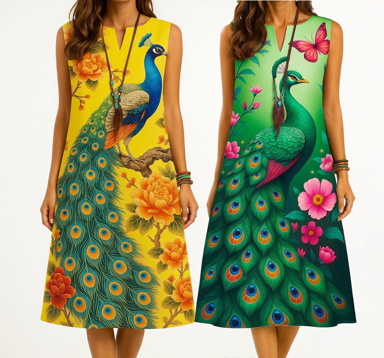 Kurt women's fashionable and elegant long sleeved straight tube casual V-neck peacock pattern luxurious new dress