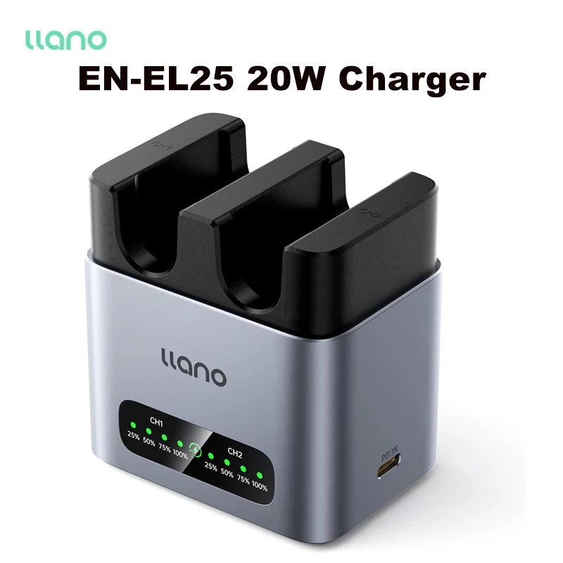 Llano EN-EL25 Battery Charger PD 20W USB-C Fast Charger Dual Slot Aluminum Alloy with LED Display for Nikon Z50 II Z50 Z30 ZFC