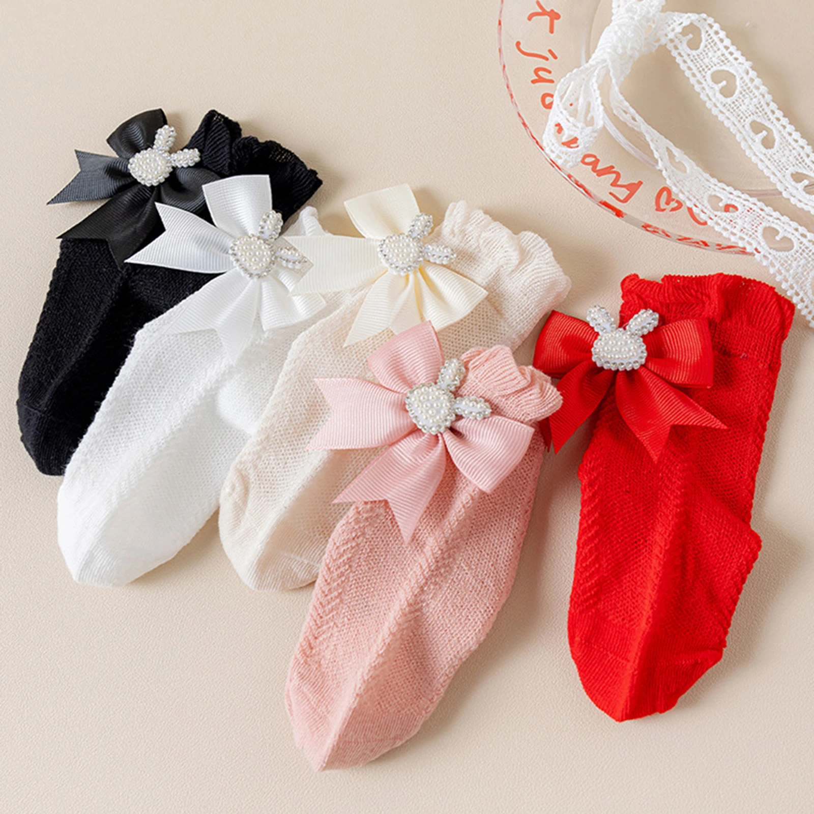 Infant Baby Girl Socks with Bows Soft Pearl Bunny Infant Princess Dress Socks Toddler Ruffle Socks