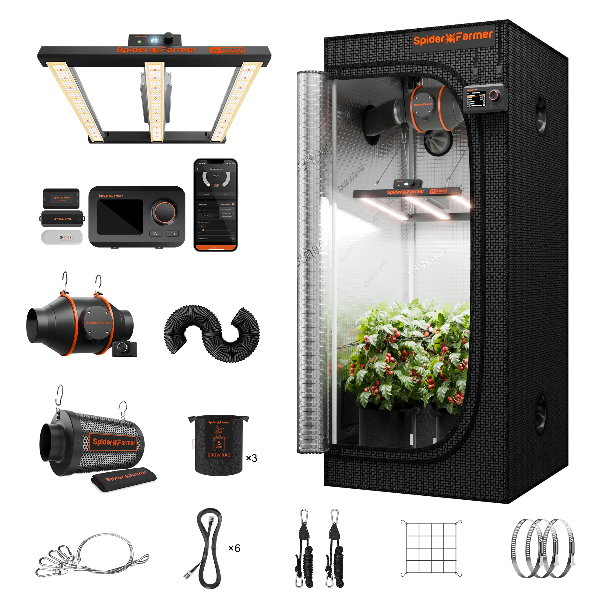 2026 Spider Farmer 0.7x0.7x1.6m Smart Complete Kweektent Kit+G1500 150W LED Kweeklamp+GGS voor thuisgebruik