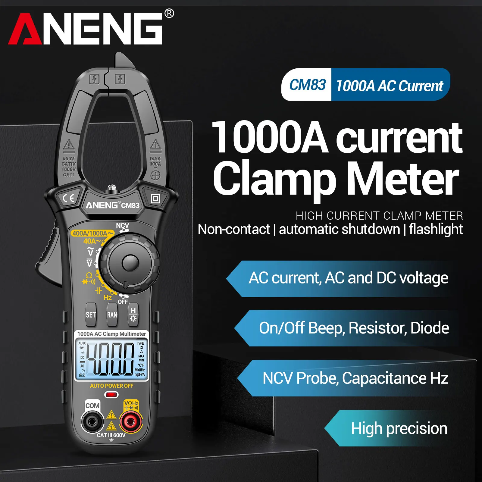 

ANENG CM83 clamp meter 1000A AC current 600V AC/DC voltage 4000 counting with NCV/capacitance/resistance/frequency measurement