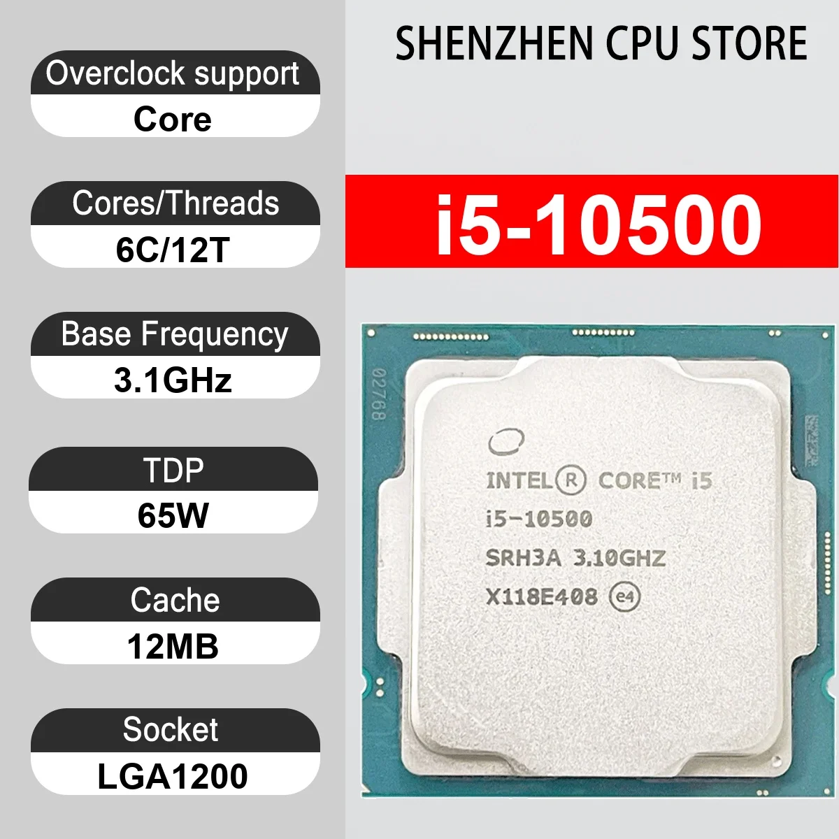 Intel Core i5-10500 6 Core 12 Thread 3.10GHz 65W 12MB Cache 14nm LGA1200 SRH3A DDR4-2666 MHz Comet Lake UHD Graphics 630