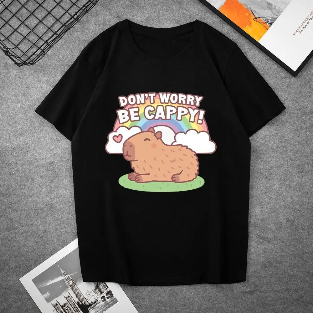 Soft Animal Capybara Printed T-shirt Round Neck Ins Capybara Short Sleeved Top Letter Pullover Men's Printed Shirts Streetwear