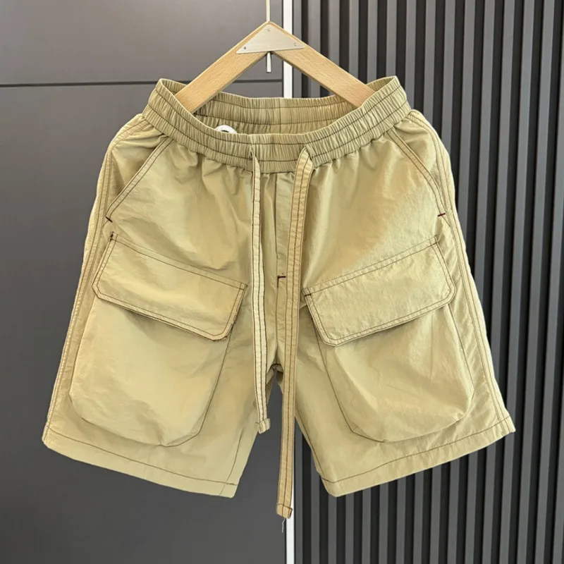 HKSH Summer New Men\'s Tide Chic Pockets Capris Quick Drying Safari Style Shorts Solid Color Korean Thin Knee Length Pants HK1752