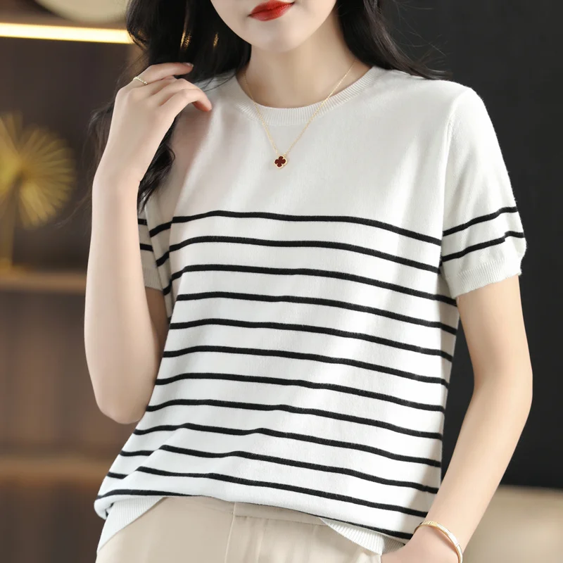 

Women's T-shirt Spring/Summer 100% Cotton Sweater Short Sleeve Striped Round Neck Ladies Tops Loose Blouse Fashion Pullover Tees