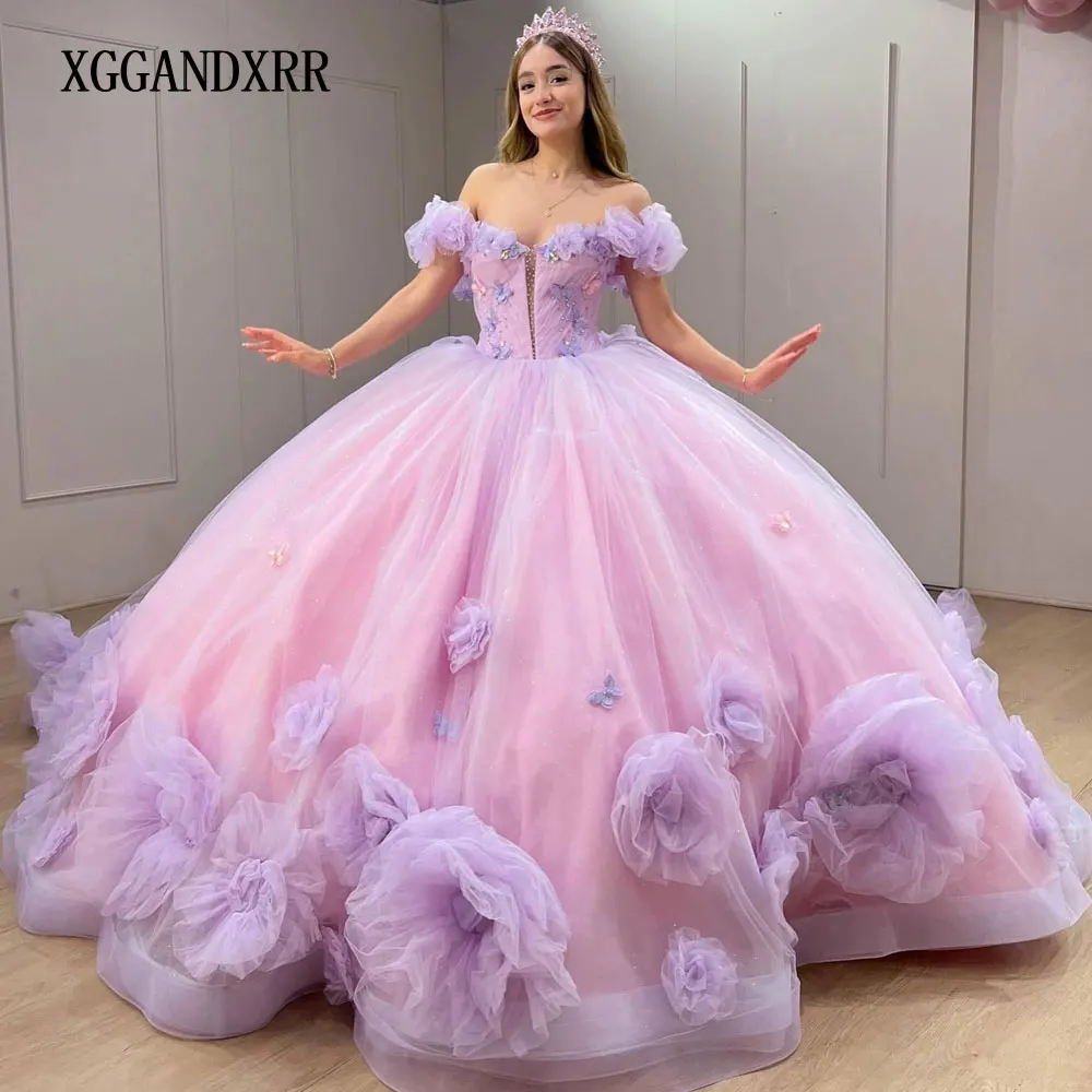 Customized Ball Gown Pink Quinceanera Dress 2024 Big 3D Floral Mexican Vestidos De 15 Anos Princess Sweet 16 Dress Party Gown