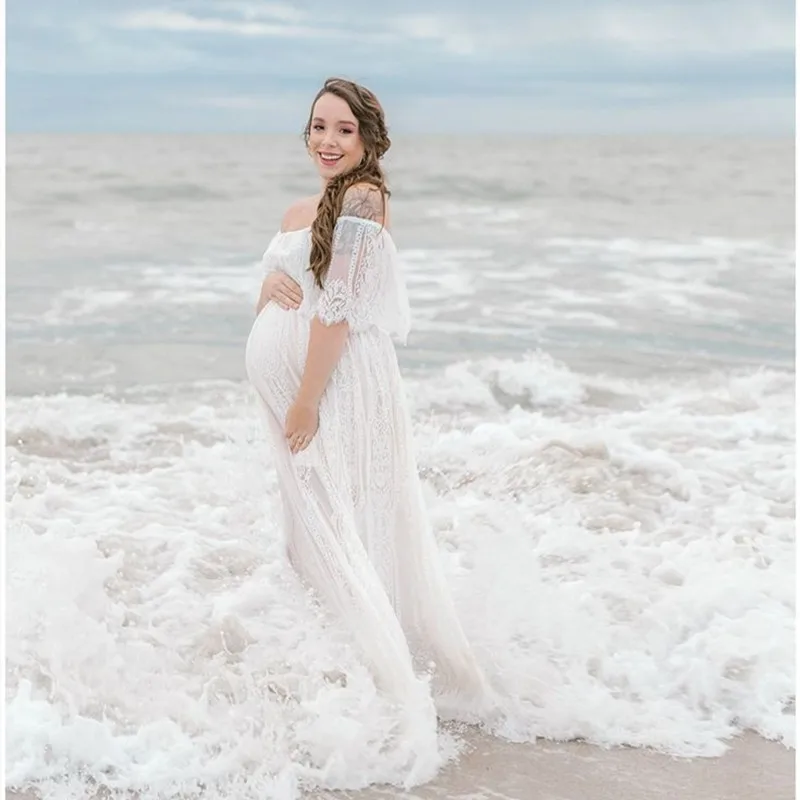 2023 Summer Maternity Lace Dresses Boho Maternity Photography Dress Slash Neck Pregnancy Casual Long Dress