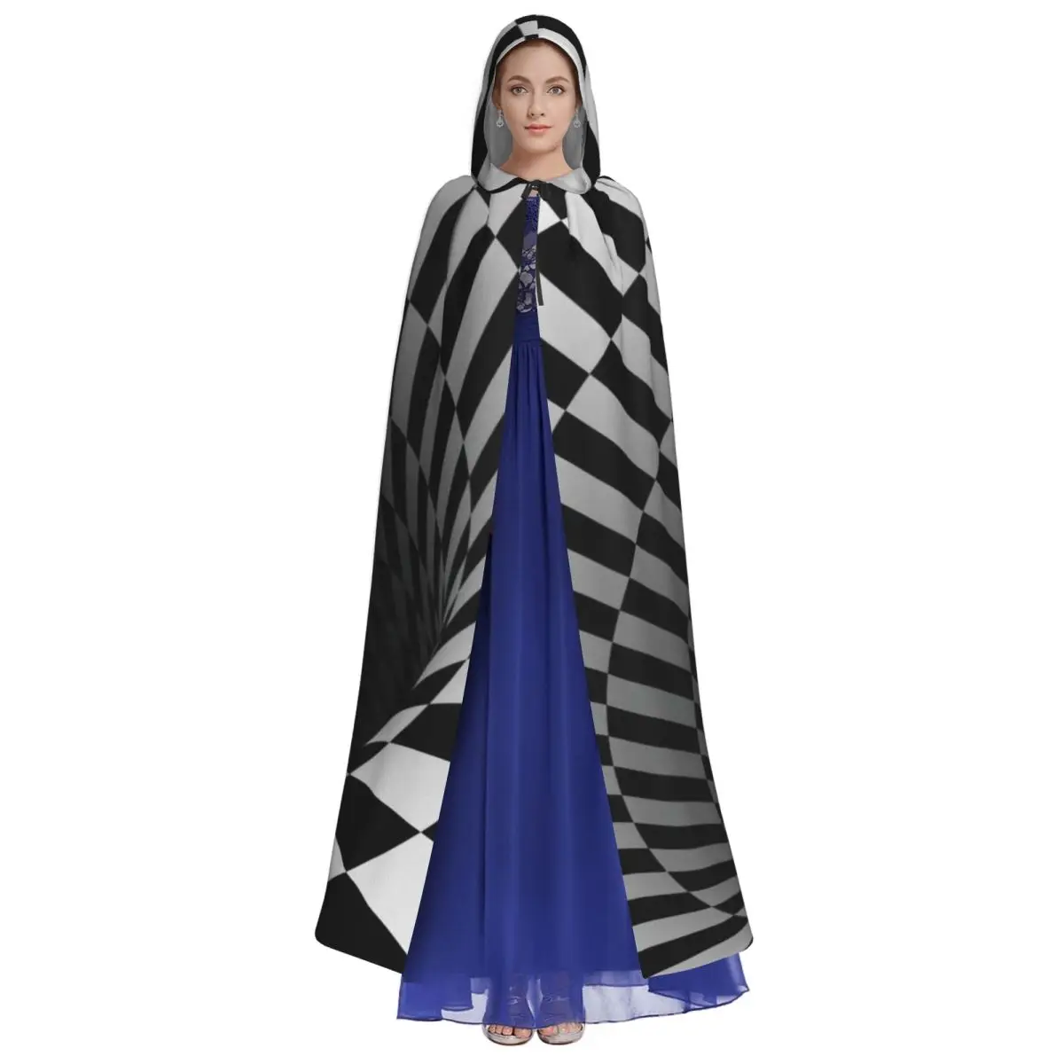 Geometric,And Illusion 3D Monotone Mystery Vortex Hooded Cloak Halloween Party Cosplay Woman Men Adult Long Witchcraft Robe Hood