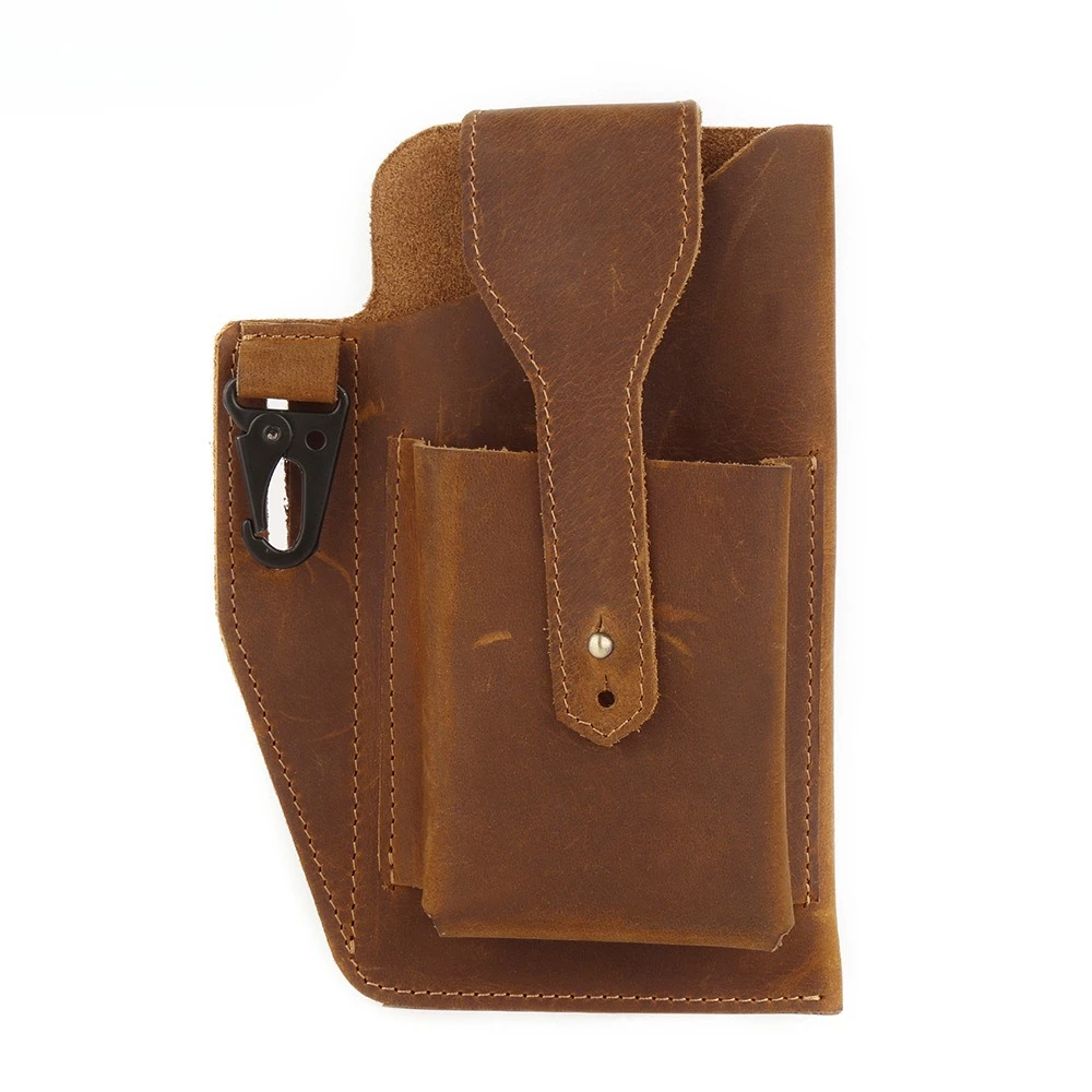 Men's Genuine Crazy Horse Leather Waist Bag Belt Loop Phone Holster Multi Pocket EDC Utility Pouch Vintage Casual