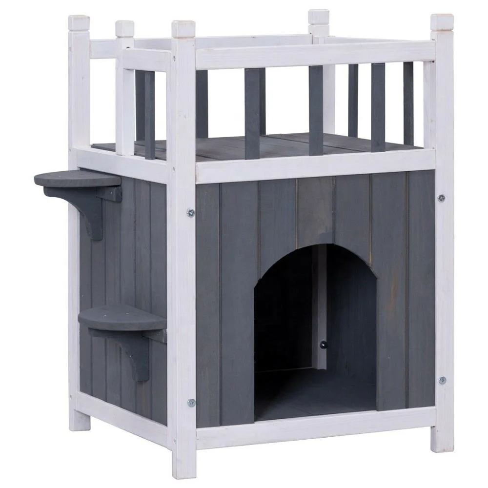

Outdoor Home Garden Pet Kitten Wooden Cat Play House Fir Wood Villa Nest Cage with Balcony