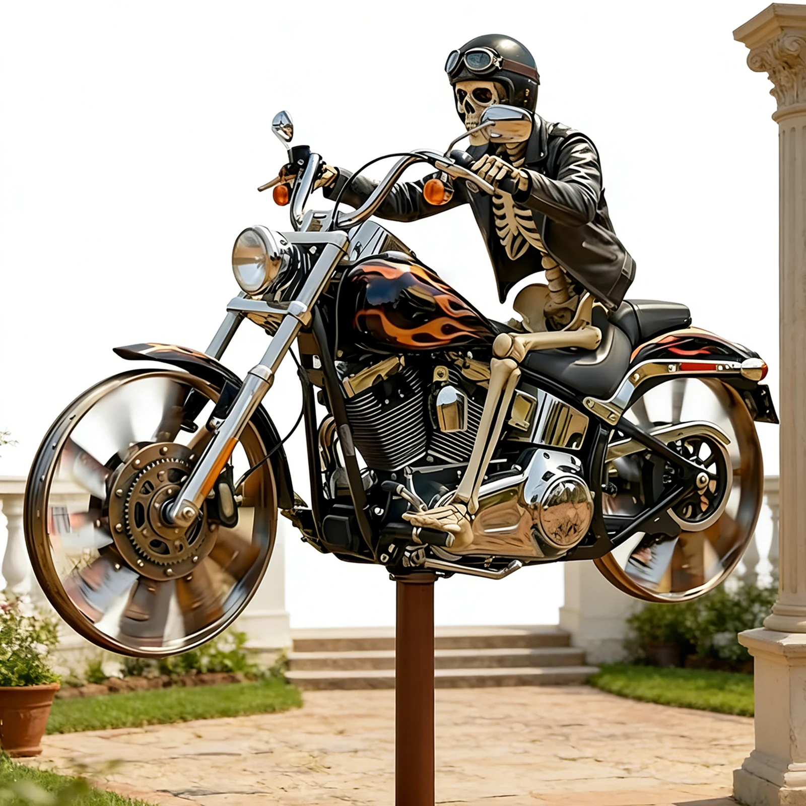 Skeleton Motorcycle Wind Spinner with Rotating Wheels Catching Wind Spinner Unique Resin Outdoor Sculptures Ornament for Patios