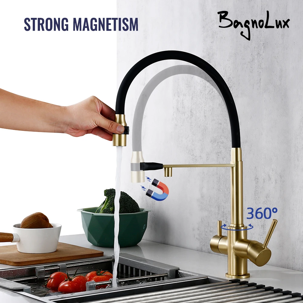 Brushed Gold Kitchen Faucet Filter 360 Swivel Pure Water Tap for 3 Ways Kitchen Pull Out Purification Water Mixer Double Handle