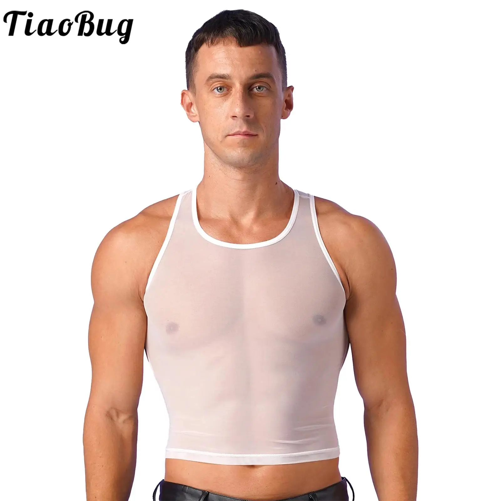 

Sexy Mens See Though Mesh Vest Blouse Party Nightclub Solid Color Undershirt Crop Top U Neck Sleeveless Tank Tops Lingerie