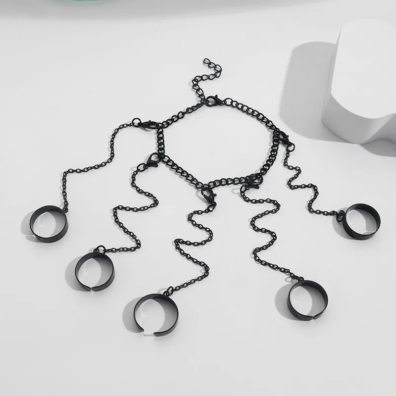 Punk Geometric Black Color Chain Wrist Bracelet for Women Men Ring Emo Fashion Jewelry Gifts