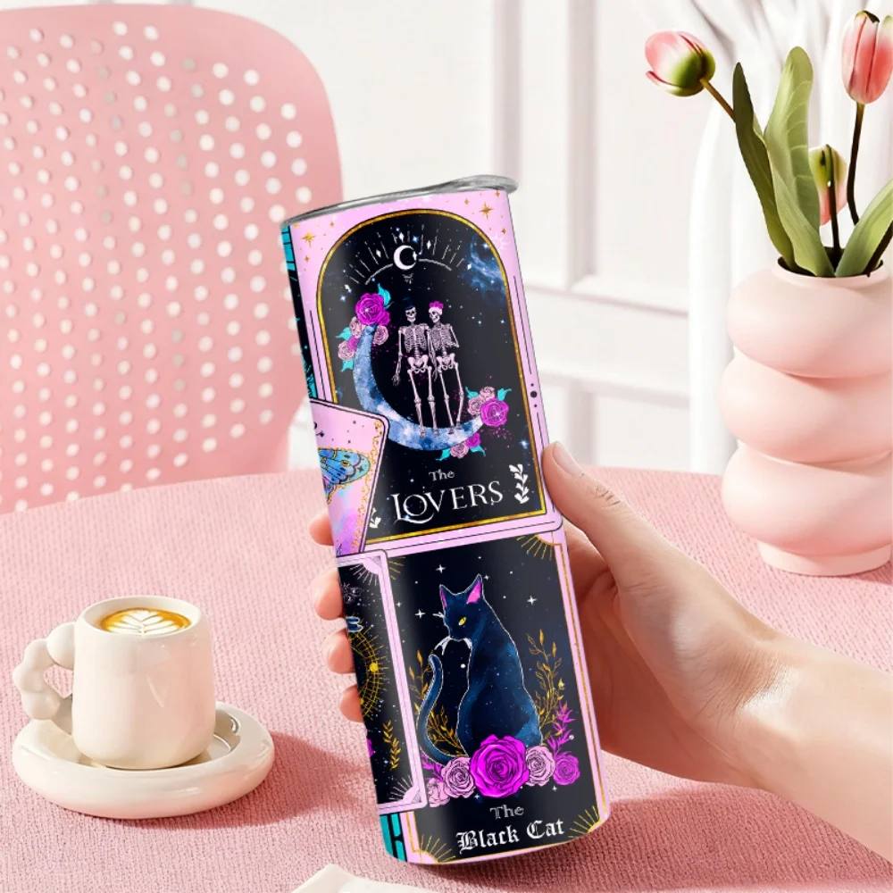 1pc Stainless Steel Water Bottle/Tumbler featuring Tarot Moon, Sun, Crow, and Black Cat Patterns – 20oz (591ml)