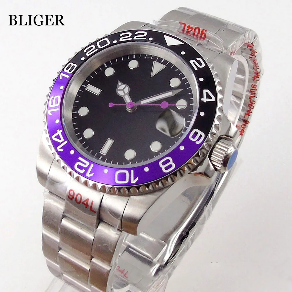 BLIGER-Reloj de pulsera automático para hombre, cronógrafo con cierre Glide, color negro y morado, NH35A, 40mm, luminoso, zafiro