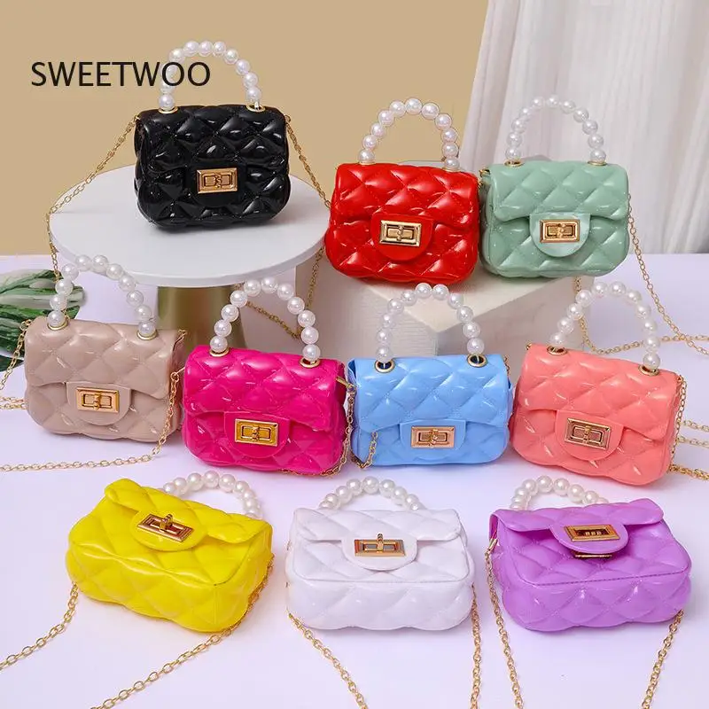 2026 Jelly Mini Crossbody Bag Quilted Pvc Purse with Pearl Handle for Young Girls